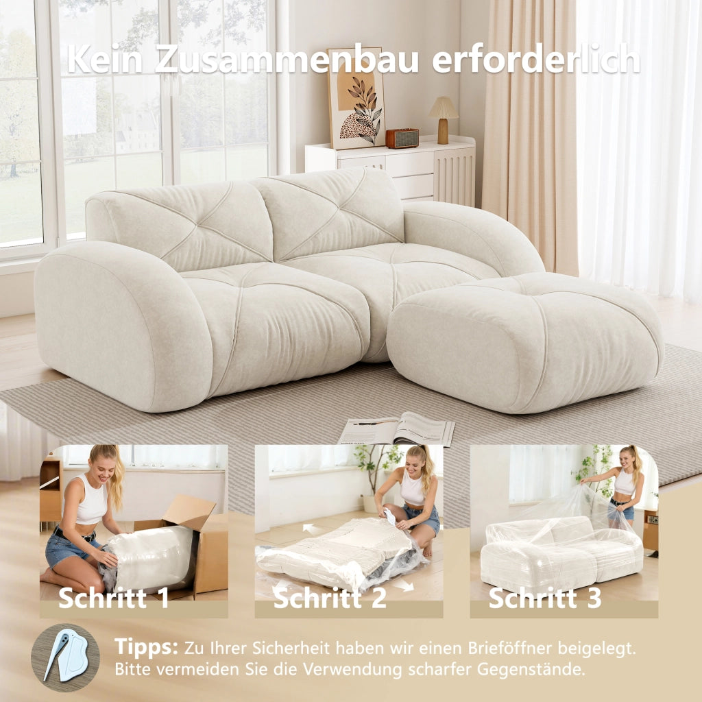 Divano modulare 2 posti con pouf in schiuma 32D ad alta densità senza struttura ciniglia beige chiaro 204 × 171 × 76 cm