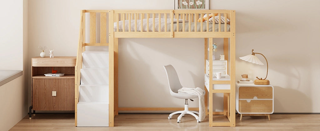 DESMIU Letto a soppalco 90 × 200 cm 1 posto con scrivania, scala contenitore, senza materasso, bianco e rovere chiaro