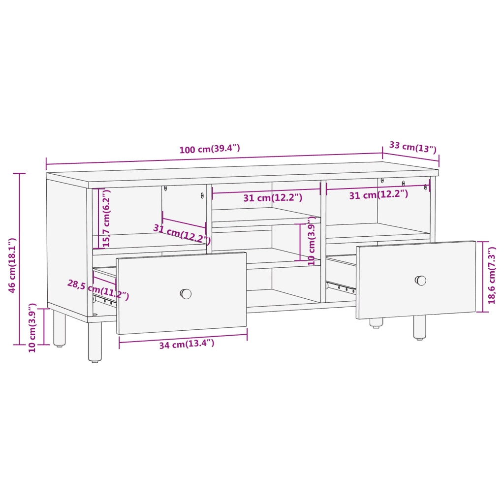 Mobile Porta TV 100x33x46 cm in Legno Massello di Mango 356909