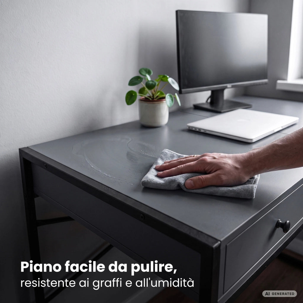 Scrivania industriale per computer Grafite ELONIS 123 cm 2 cassetti 1 ripiano gambe nere