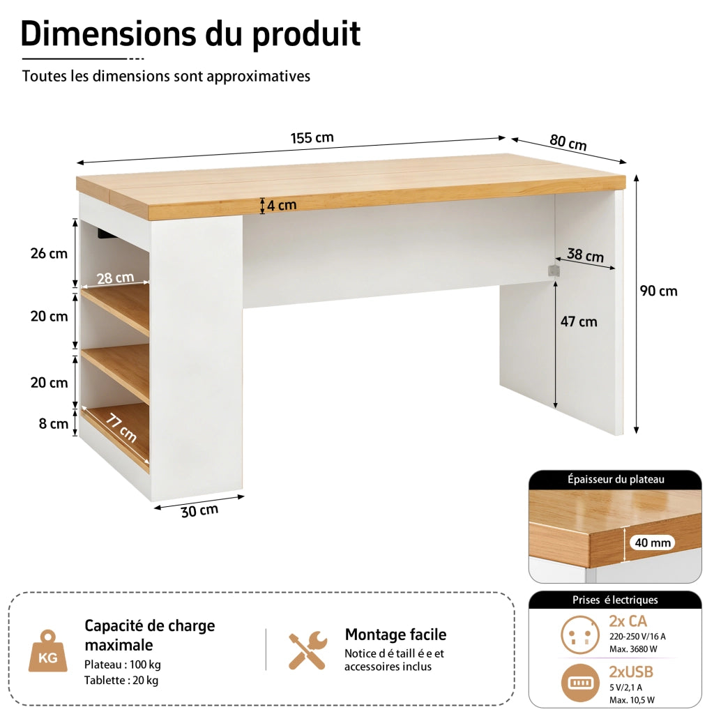 Carrello da cucina con 3 ripiani aperti; LED; prese e porte USB; per cucina e sala da pranzo; 155 × 80 × 90 cm