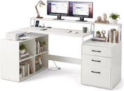 Scrivania Angolare con Prese di Alimentazione, Scrivania ad Angolo Salvasapazio con Cassetto, Supporti per Stampante e Monitor e Cubi, Scrittoio per Studio, Lavoro e Gaming