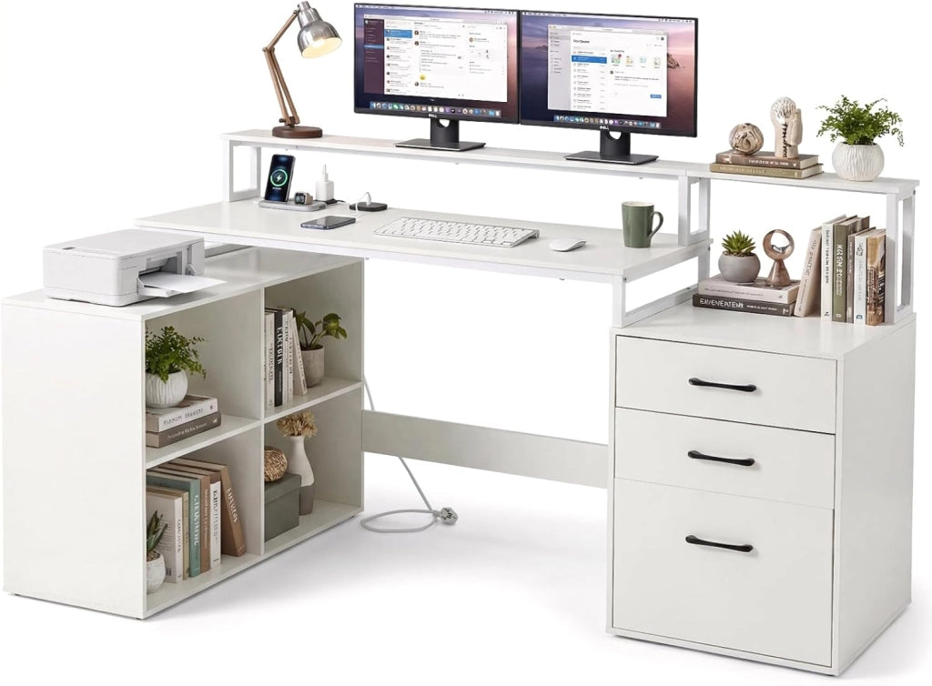 Scrivania Angolare con Prese di Alimentazione, Scrivania ad Angolo Salvasapazio con Cassetto, Supporti per Stampante e Monitor e Cubi, Scrittoio per Studio, Lavoro e Gaming