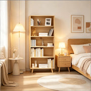 Libreria a 5 ripiani aperti in melaminico E1 con piedi in legno massello, 60 × 24 × 144 cm, color legno chiaro