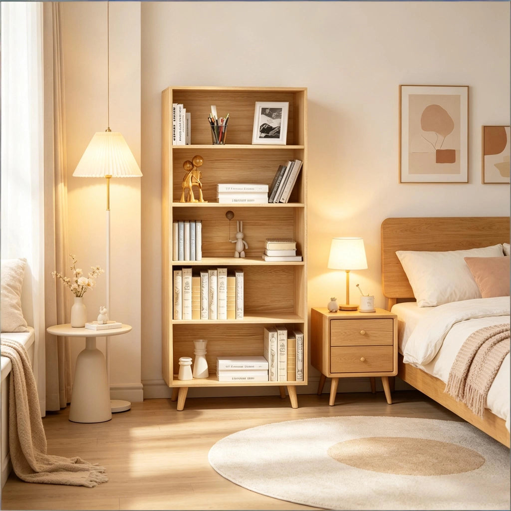 Libreria a 5 ripiani aperti in melaminico E1 con piedi in legno massello, 60 × 24 × 144 cm, color legno chiaro