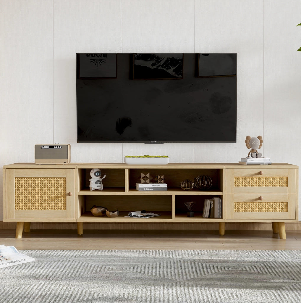 Mobile TV 160 cm effetto rovere con rattan, 2 cassetti e anta