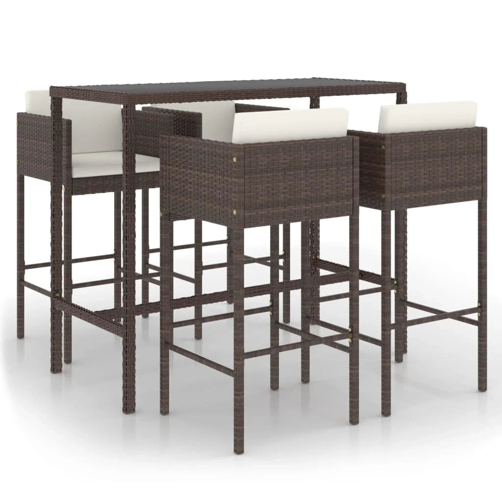 Mobile bar da giardino 5 pezzi e cuscini in resina intrecciata marrone 02_0014519