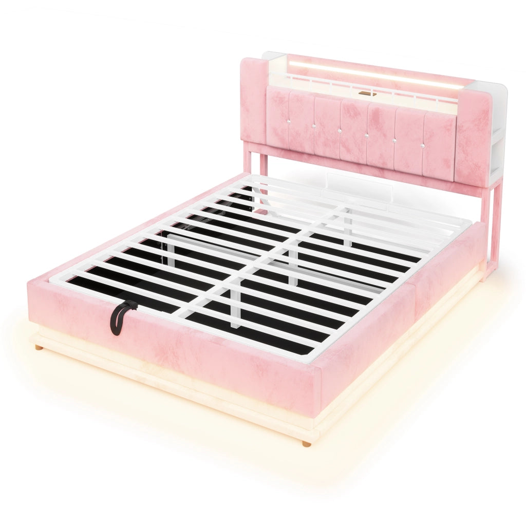 Letto imbottito rosa 160x200 con LED; USB e contenitore idraulico