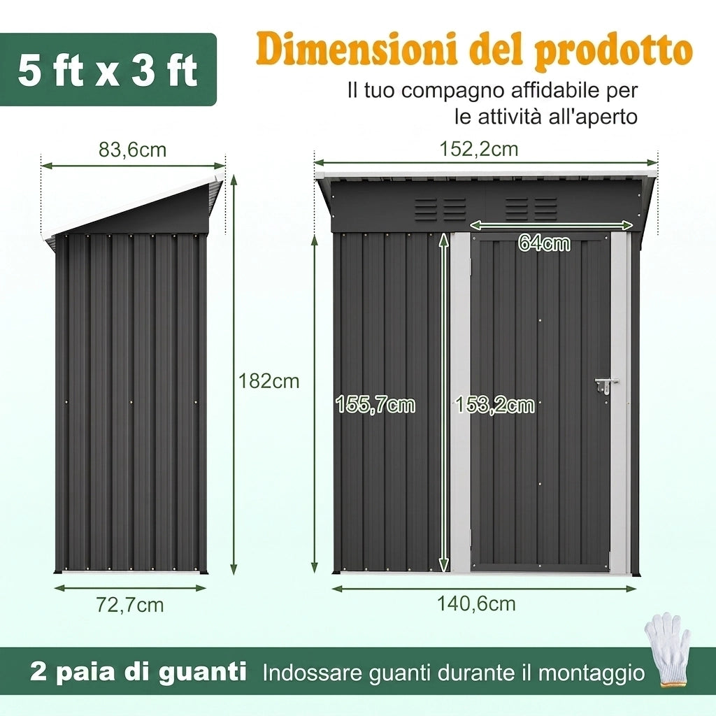 Casetta da Giardino 152x84x182 cm in Metallo Nero - 1.27 m²- Resistente alle intemperie