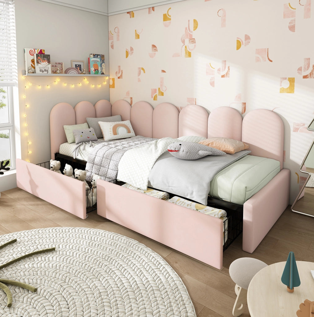 Letto imbottito con 2 cassetti e struttura salvaspazio, 90x190 cm