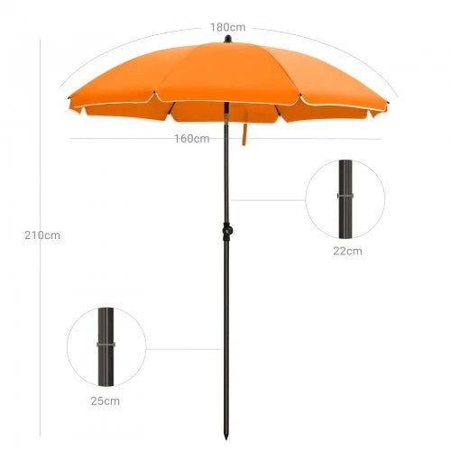 Ombrellone dritto con 50 stecche in fibra di vetro copertura in poliestere inclinabile con borsa per il trasporto per terrazza giardino balcone spiaggia diametro 160 cm arancione 12_0000799