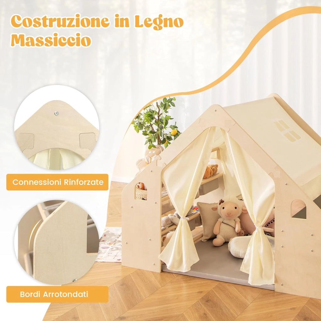 6 in 1 Tenda per Bambini in Legno, Tenda Casetta da Gioco con Tavolo e Sedia, con Tappetino Lavagna e 6 Scatole Portaghiochi, Capanna per Bambini (Beige 98 x 145 x 113 cm)