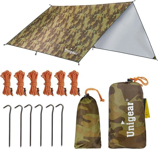 Tela da tenda 3 x 3 impermeabile, telo da tenda per lettino, impermeabile con occhielli + 6 spine + 6 cavi, protezione da pioggia, ombreggiatura per campeggio all'aperto