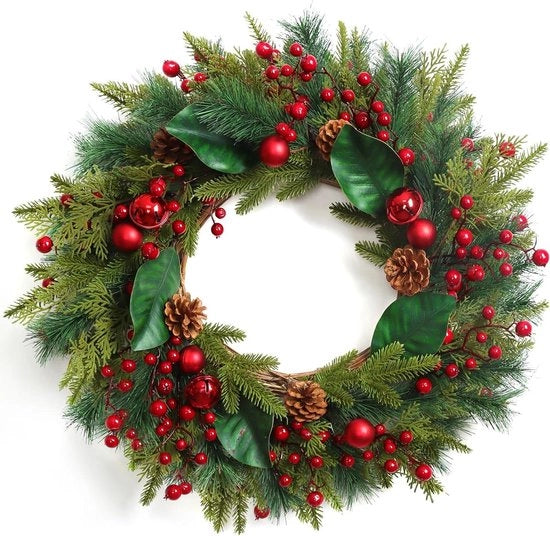 Grossa decorazione natalizia da 60 cm per ingresso con decorazioni di pino, noci e baccelli di dennen.