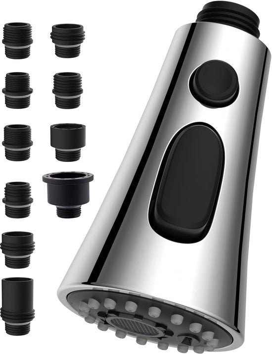 Sostitutiva di testa di rubinetto da cucina, 3 funzionalità, getto di acqua da cucina compatibile con Moen, testa di rubinetto da cucina estensibile con 9 adattatori, norma UE, Delta, rubinetti Kohler, cromato