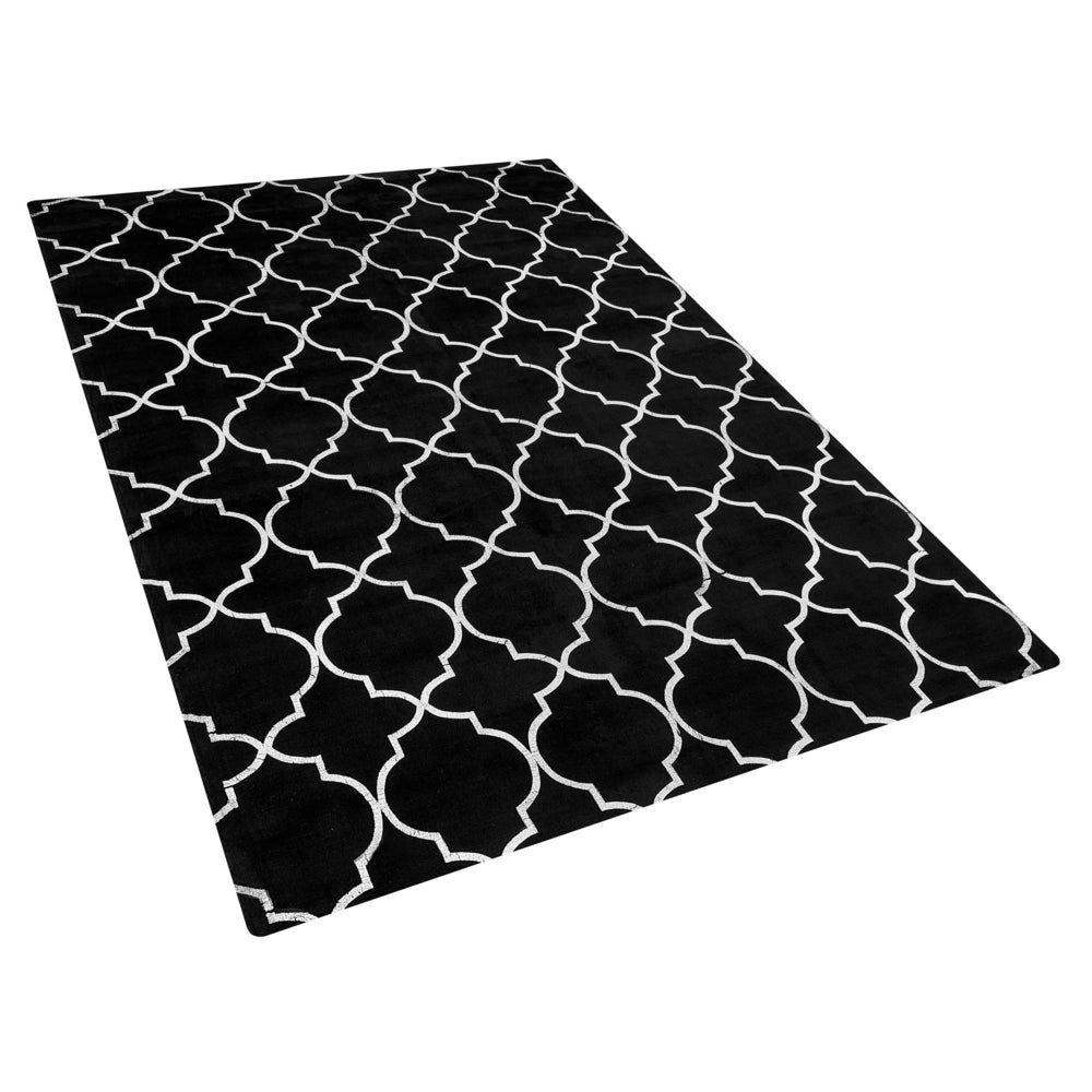 Tappeto Nero con Motivo Quadrifoglio Argento Viscosa con Cotone 140 x 200 cm Stile Modern Glam