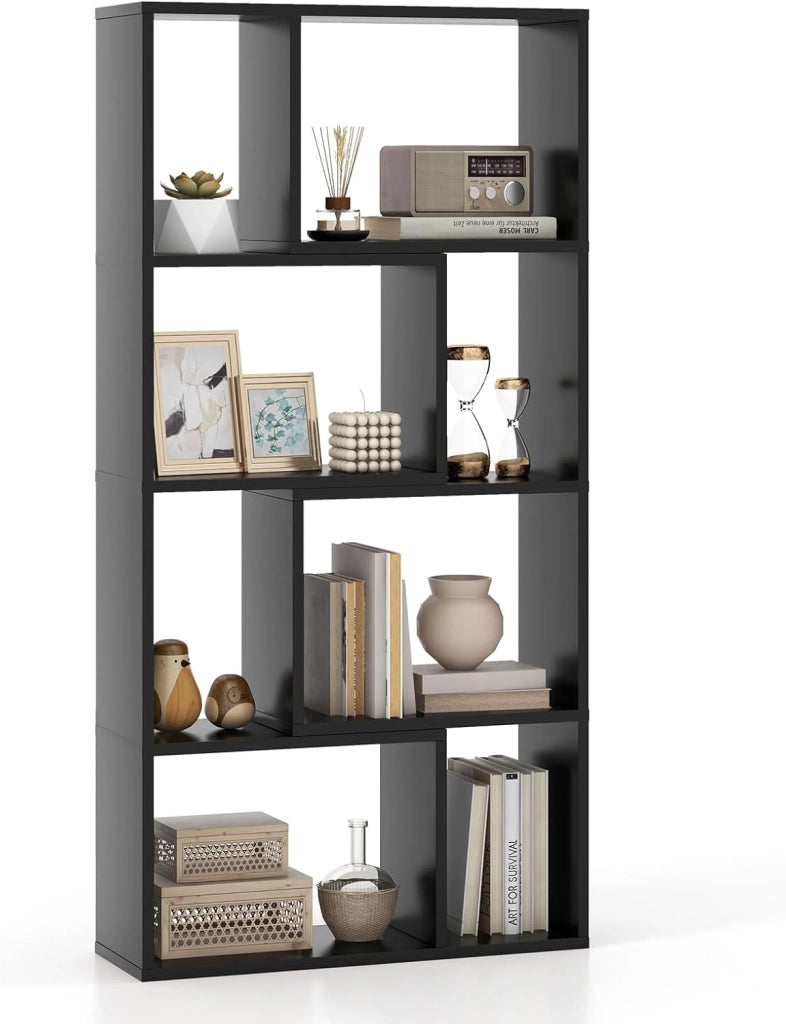 Libreria Geometrica a 4 Ripiani, Organizzatore Moderno con 8 Cubi, Mensola Espositiva a Pavimento, Mobile di Stoccaggio in Legno per Soggiorno Camera da Letto Studio, 60x20x120 cm (Nero)