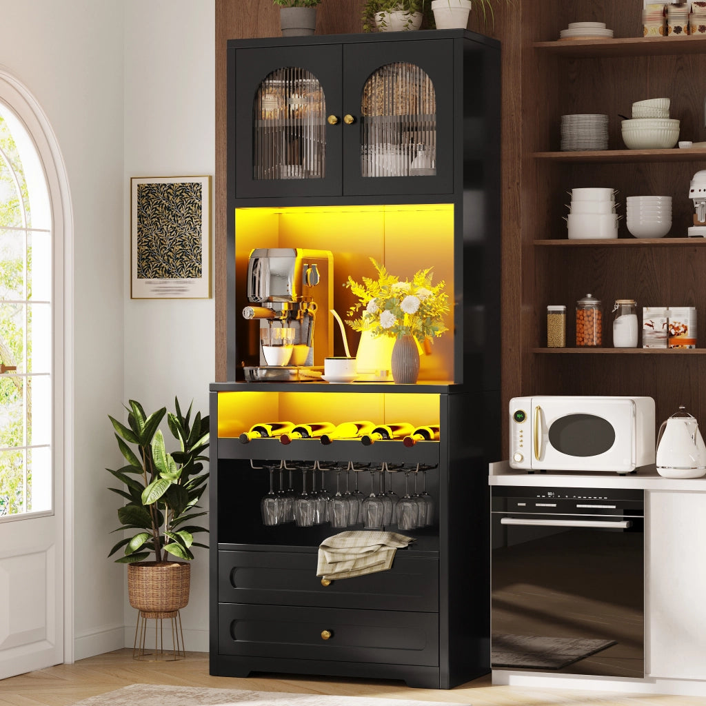 Credenza alta con ante in vetro curve LED con app e musica, ripiani regolabili, portabottiglie, nero 70 × 40 × 180 cm