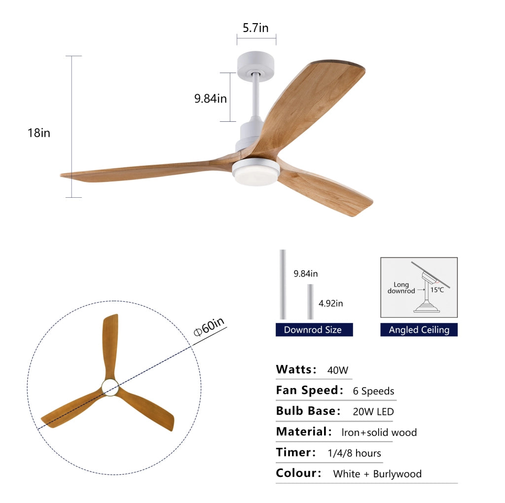 Ventilatore da soffitto 60" in legno massello, 3 pale, LED con telecomando