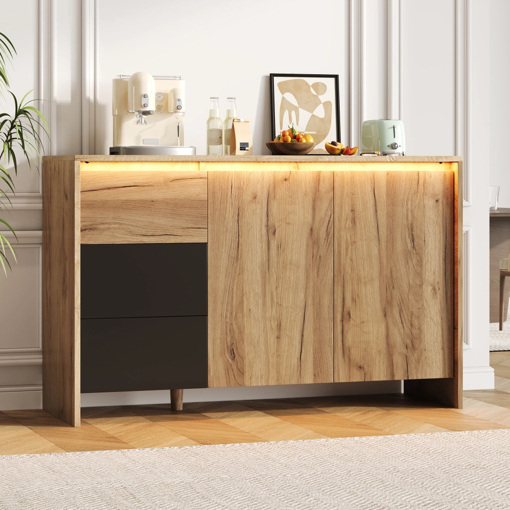 Credenza con Cassetti e Ante LED ¨C Xylo ¨C Legno e Nero 120x76x40 cm