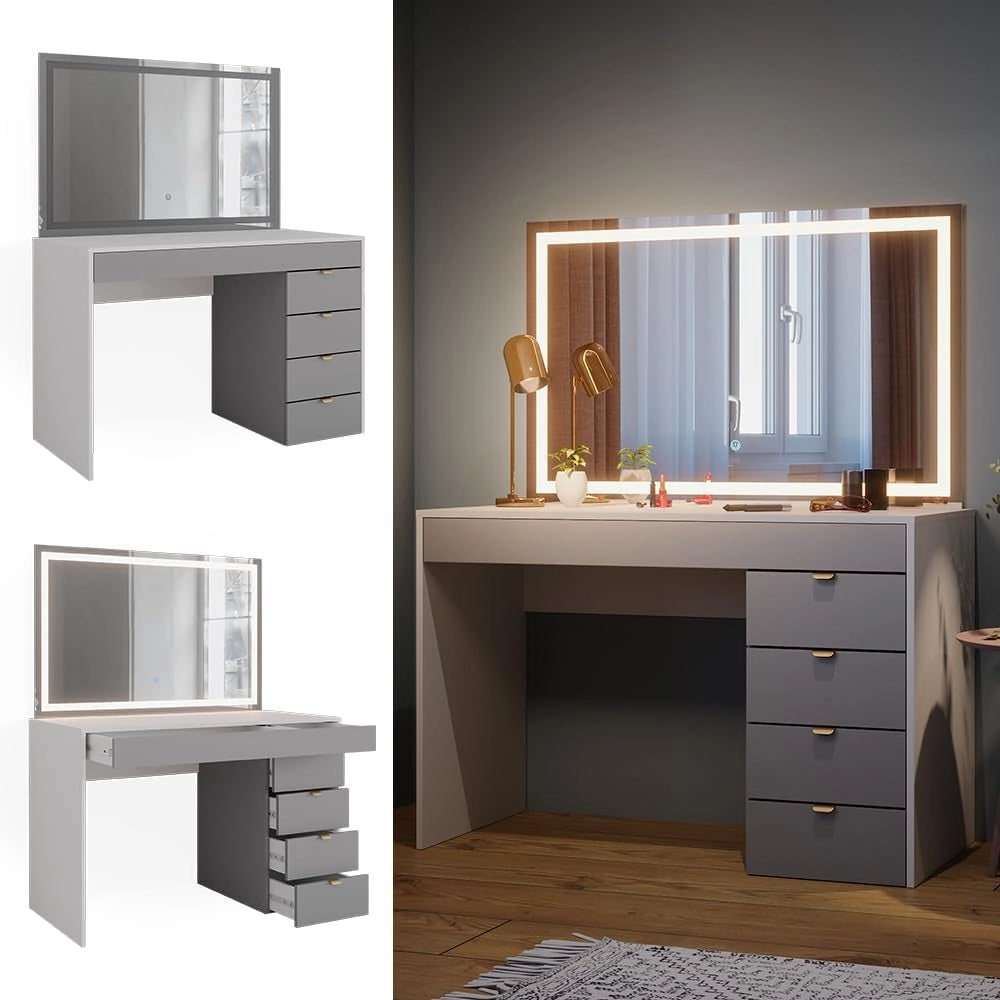 Tavolo da toeletta Elise, Bianco/grigio/grigio, 115 cm con specchio a LED, con illuminazione LED e grande specchio per applicazioni di trucco