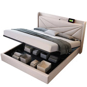 Letti contenitori 180x200 cm con testiera USB e Type-C; cotone lino beige (Senza materasso)