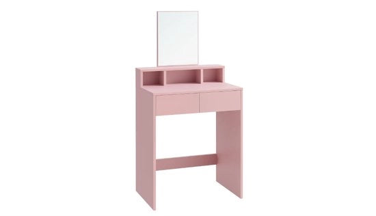 Tavolo da trucco con grande specchio, tavolo da capelli, 2 cassetti, 3 vani aperti, tavolo per cosmetici, moderno, rosa pastello