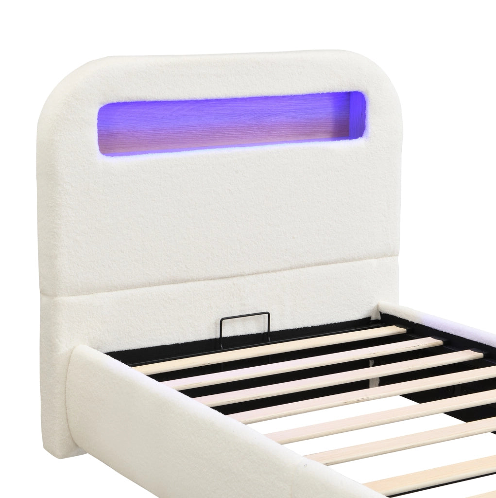 Letto singolo per bambini 90x200 cm con contenitore idraulico; LED; bouclé bianco