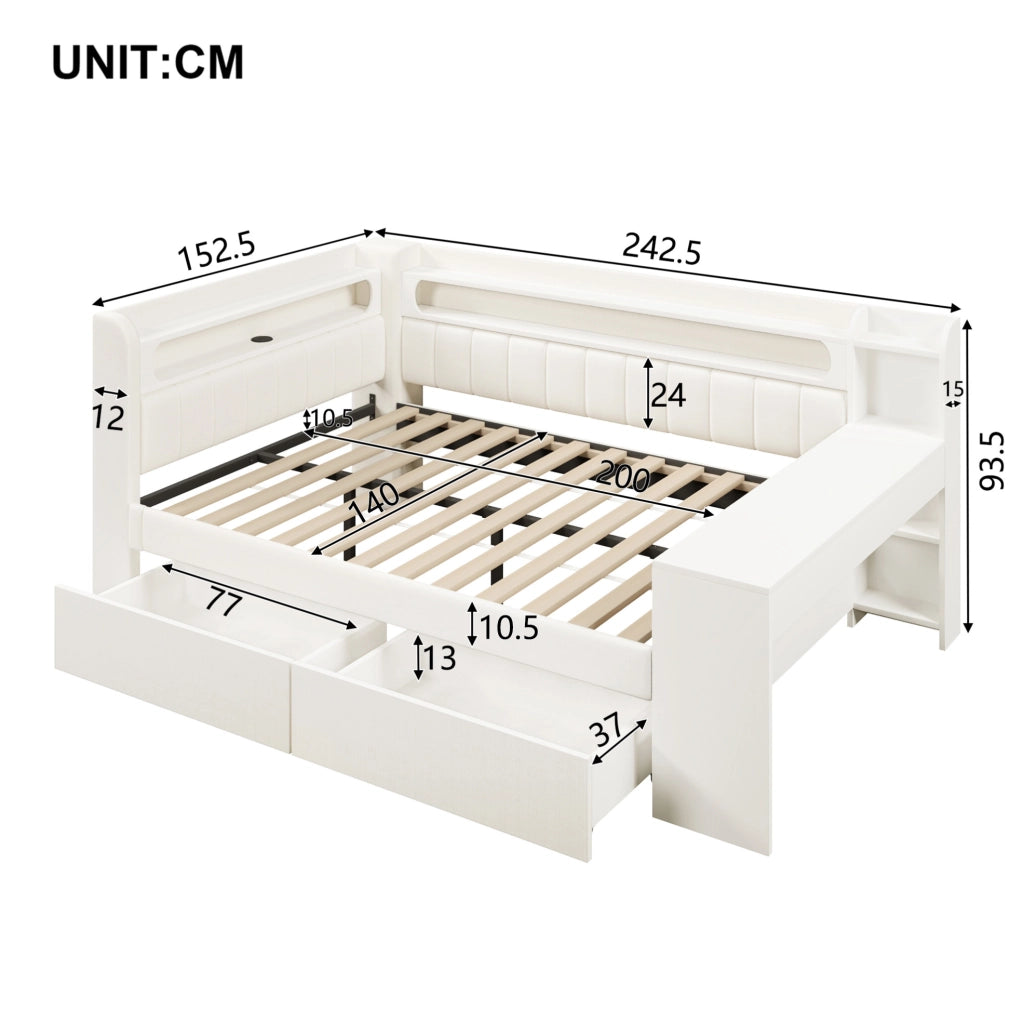 Letto daybed imbottito 140x200 cm con scrivania; 2 cassetti; LED e USB; bianco