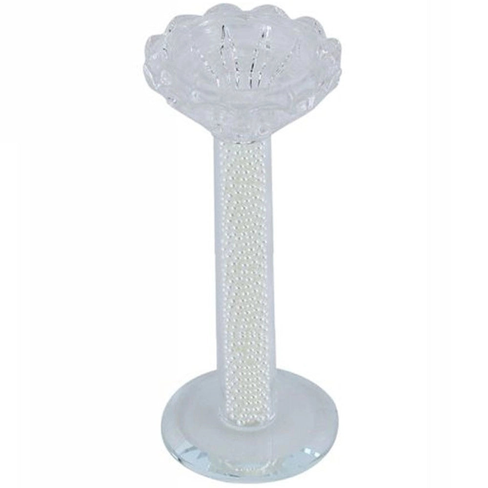 Trade Shop - Porta Candela Vetro Perle Candeliere Idea Regalo Bomboniera Cristallo 14x5.8 Cm -