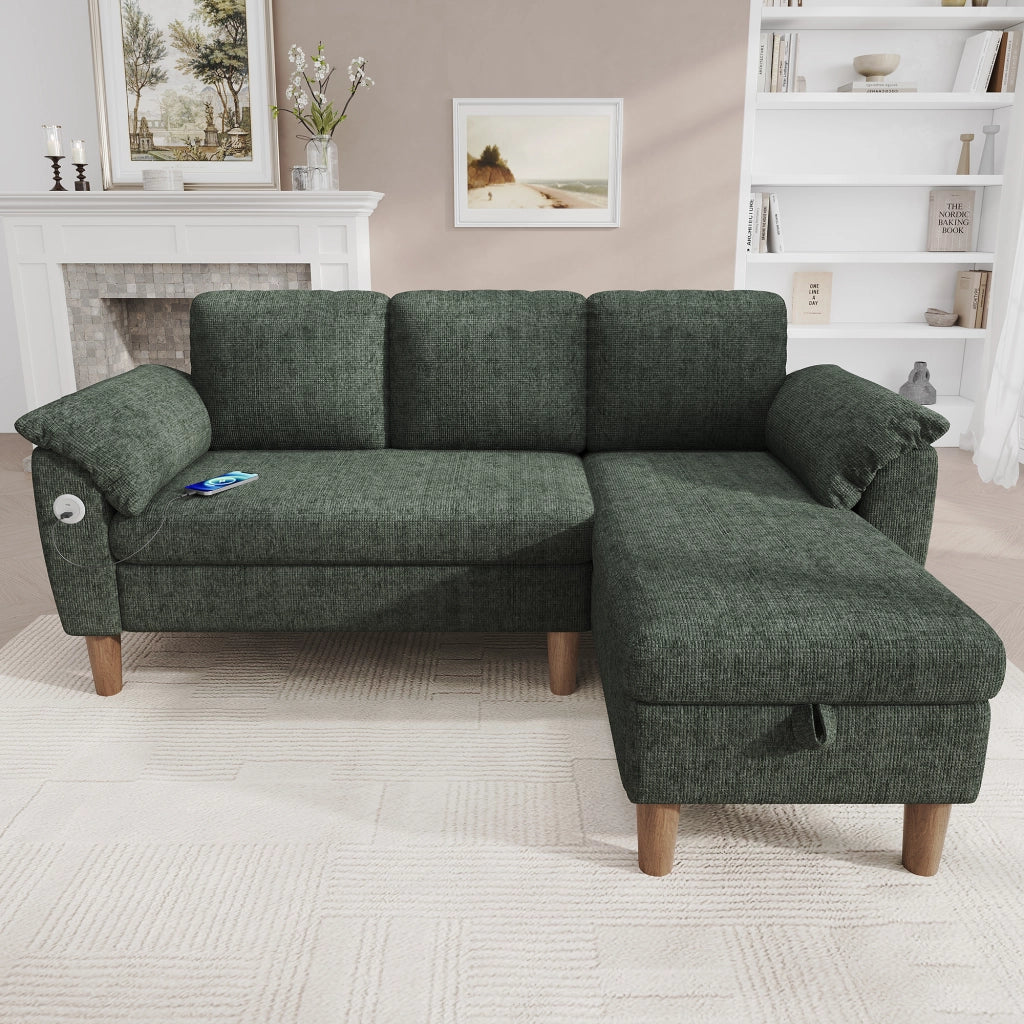 Divano angolare 3 posti con chaise longue contenitore e USB Type-C in ciniglia verde 181 × 125 × 88 cm