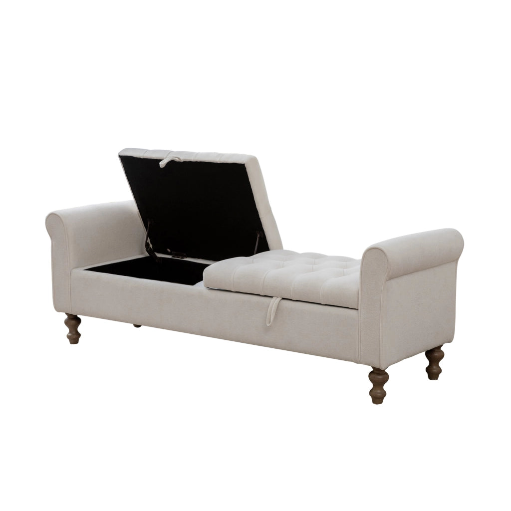 Panca contenitore ¨C Minimal ¨C Beige velluto con gambe in legno