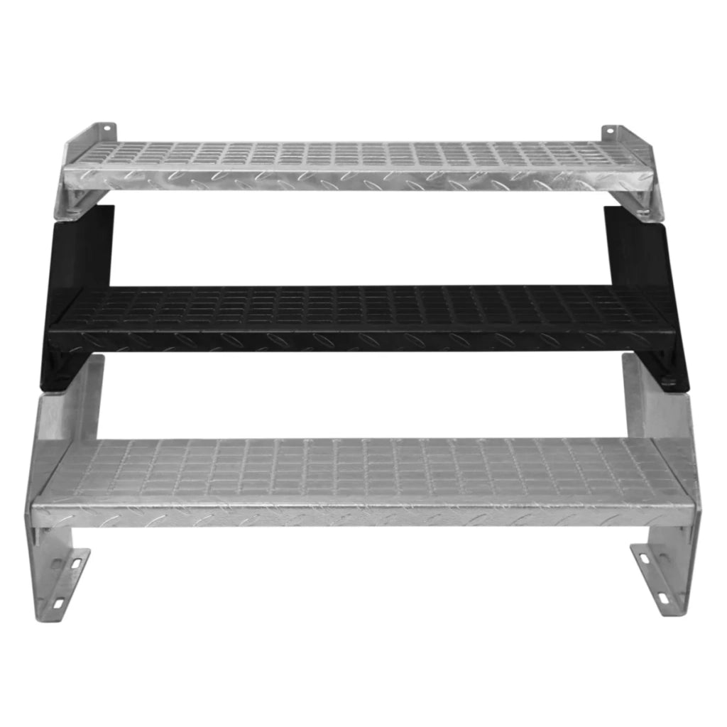 Scala in metallo a 2 livelli regolabile in altezza 60 cm di larghezza Acciaio zincato argento 2 gradini regolabili Griglia resistente alle intemperie Spessore asta 5 mm Kit di fissaggio GRATUITO