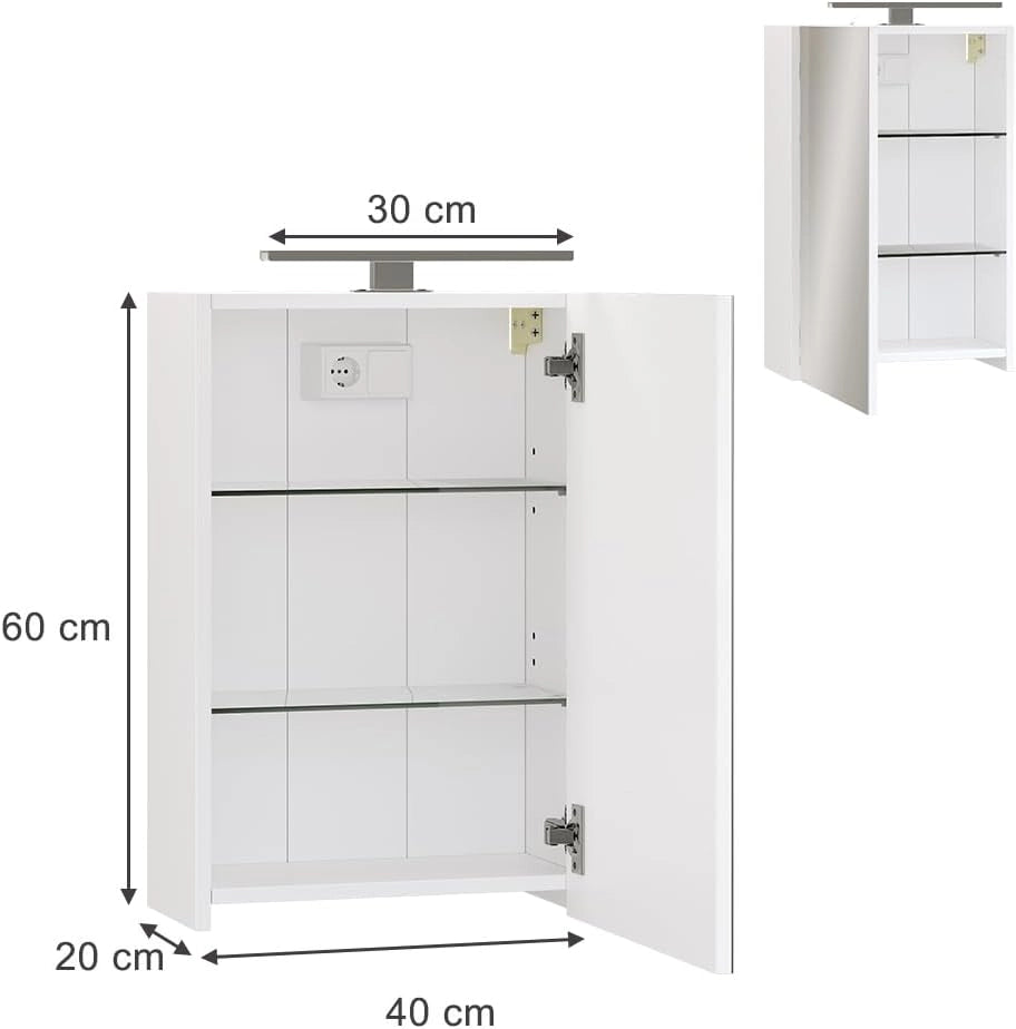 Mobile a specchio per il bagno Lavio, Bianco, 40 x 60 cm con illuminazione a LED, con ripiano integrato e illuminazione a LED