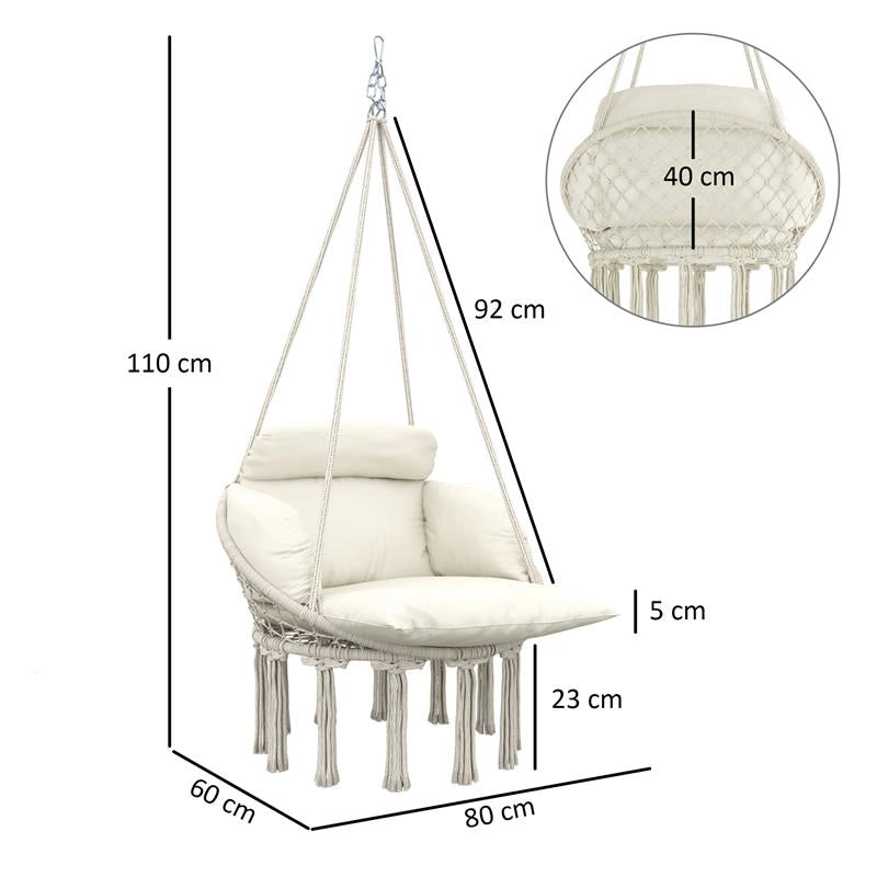 POLTRONA SOSPESA IN STILE BOHO CON CUSCINO IN ACCIAIO COTONE E POLIESTERE 80X60X40 CM BIANCO CREMA