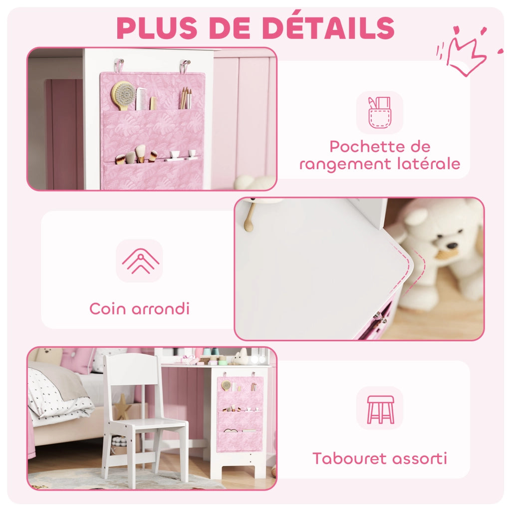 Tavolo trucco bambini con specchio e luci LED ¨C zephmum ¨C bianco 93.6x48.5x111.5 cm