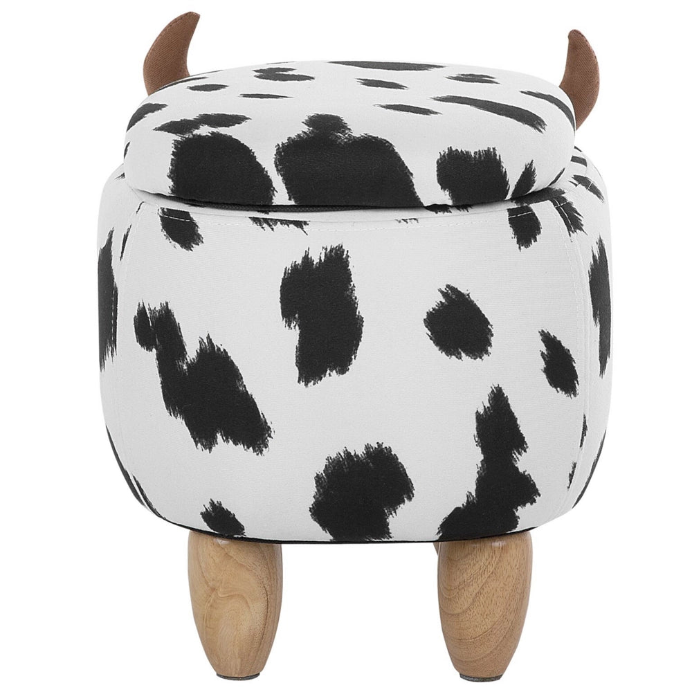 Sgabello per bambini Animale Mucca con contenitore Poggiapiedi per bambini in finta pelle nera e bianca con gambe in legno