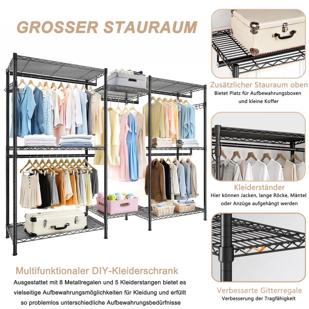 PORTA ABITI 80x46x24 cm Nero con 8 ripiani e 5 barre appendiabiti