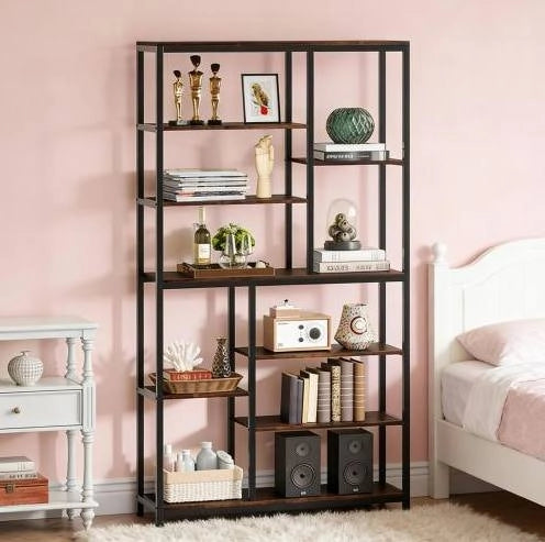 Libreria alta 100x30x200 cm in metallo e pannello rustico， nera， stile industriale