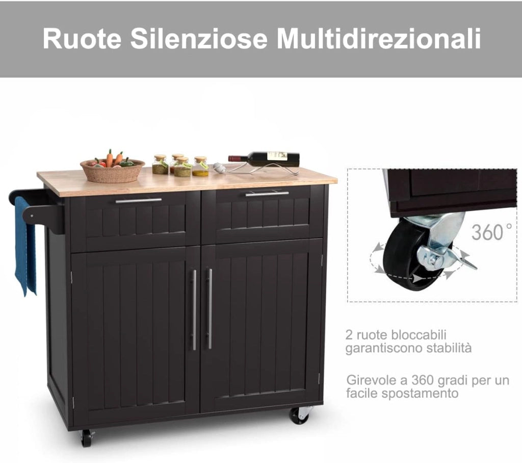 Carrello da Cucina, Isola da Cucina con Cassetti Portaoggetti e Armadietti, Ruote Universali e Portasciugamani, Ideale per Casa Ristorante Bar (Marrone)