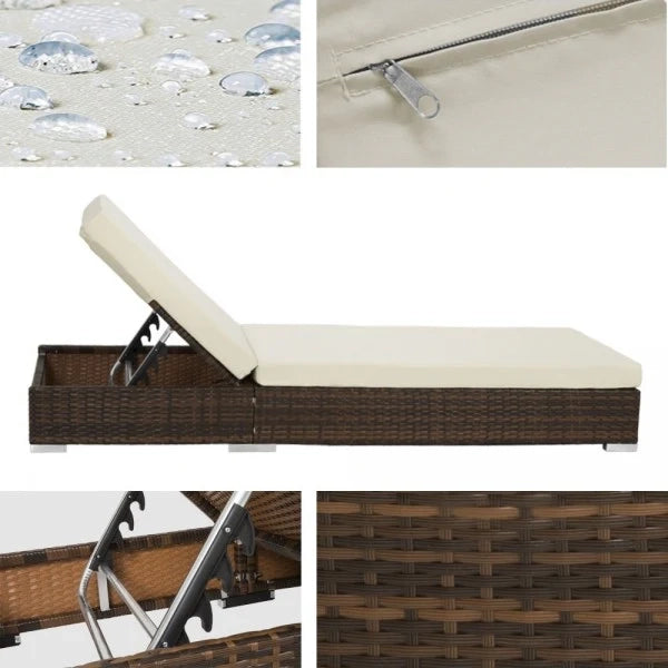 Set di due lettini prendisole in resina intrecciata polyrattan + tavolo + due set di fodere + telo protettivo marrone 08_0000504