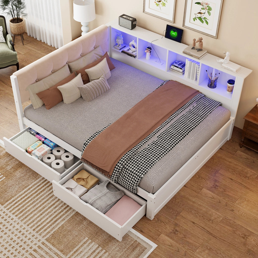 Daybed 140x200 cm con cassetti; ripiano integrato; USB e LED; in legno di pino e MDF; bianco