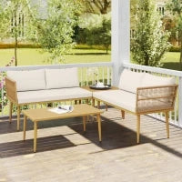 Set Salotto da Esterno in Rattan PE con 2 Divani a 2 Posti con Cuscini e 2 Tavoli da Caffè, Colore Legno
