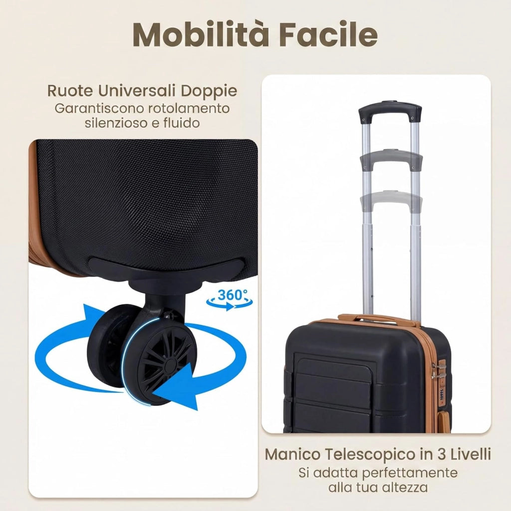 Set di 5 Pezzi Valigie da Viaggio, Set 3 Valigie Rigide in ABS (28”/24”/20”con 1 Bagaglio a Mano e 1 Borsetta, Lucchetto a Codice, Manico Telescopico e Ruote Girevoli, Trolley da Cabina (Nero)
