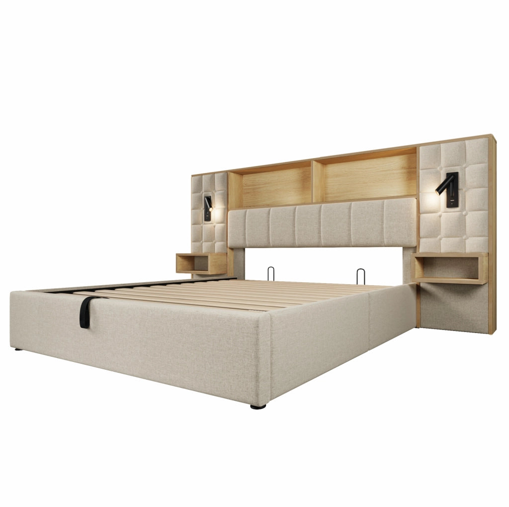 Letto matrimoniale 180x200 cm con contenitore; testiera con luci di lettura e prese USB Tipo C; beige