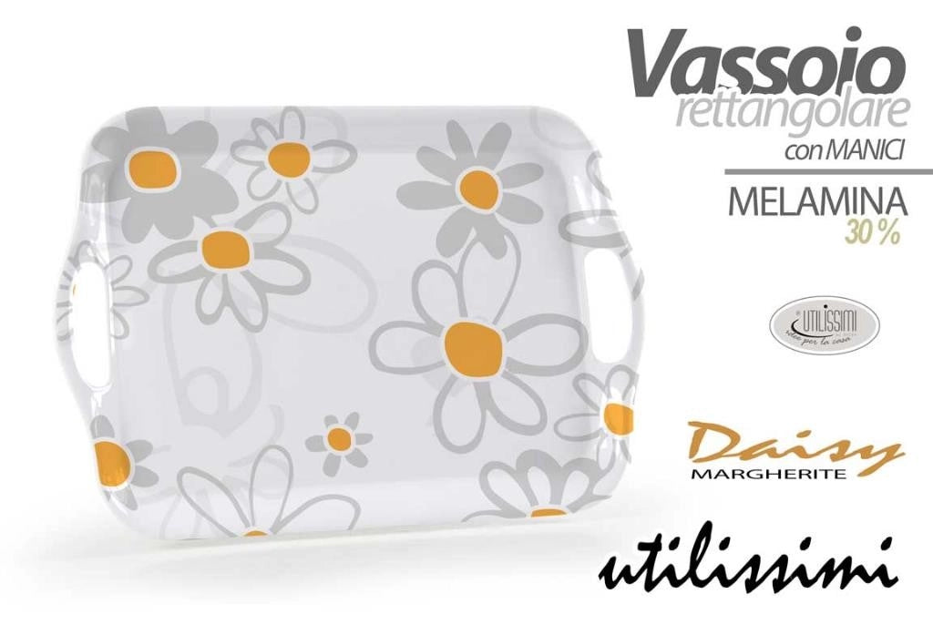 1 Pezzo Vassoio da Cucina Portata in Melamina con Manici Decoro Fiori 35 x 25 cm