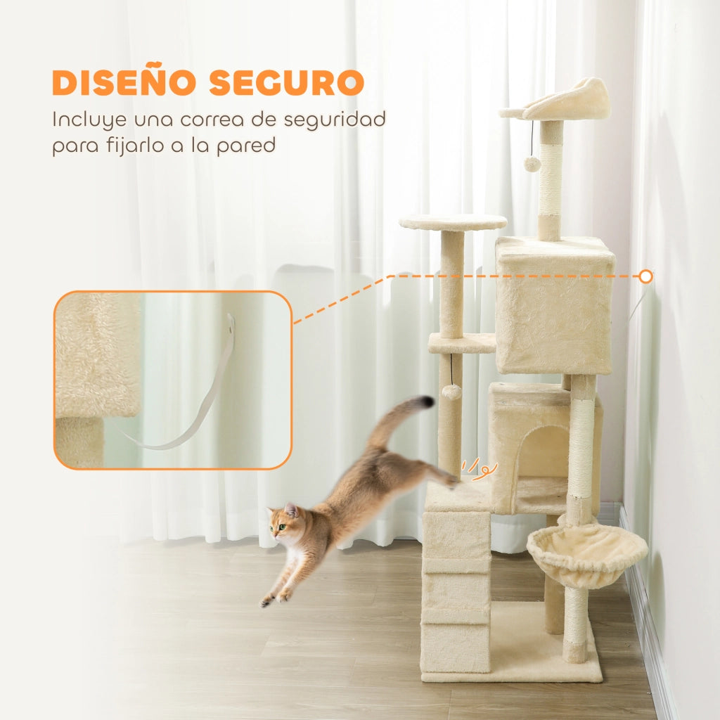 Albero tiragraffi per gatti con piattaforme letto e amaca ¨C zephmum ¨C 160 cm beige