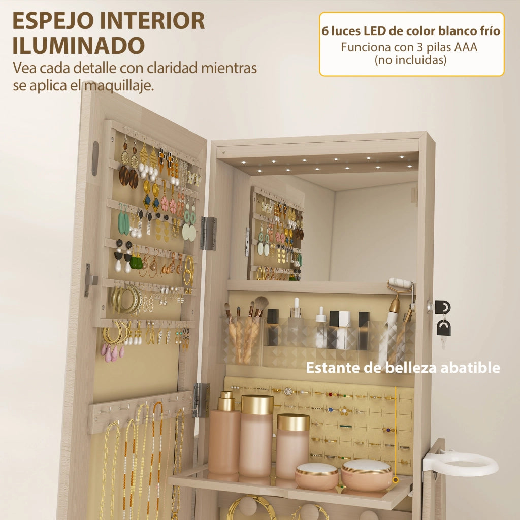 Specchiera Portagioie con LED ¨C Xylo ¨C Rotazione 360¡ã Cassetto con Serratura Naturale
