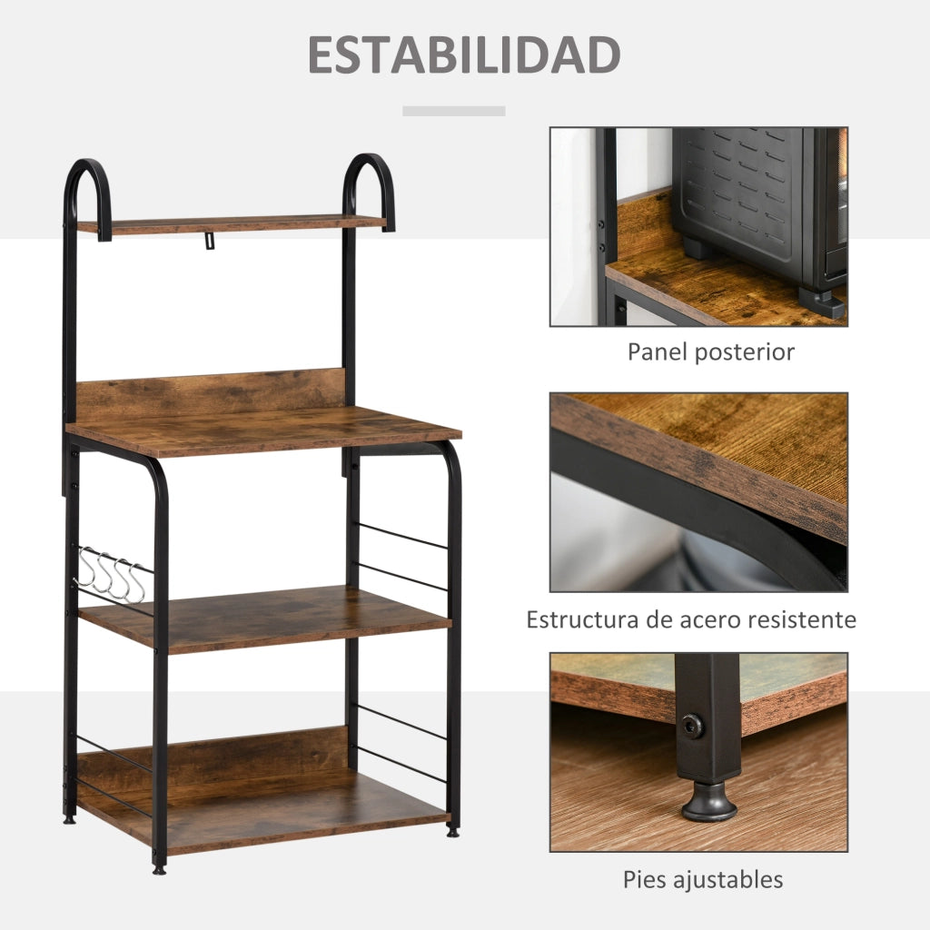 Libreria Cucina 4 Livelli con Ganchi per Microonde ¨C zephmum ¨C Marrone R¨²stico e Nero 60x40x125 cm