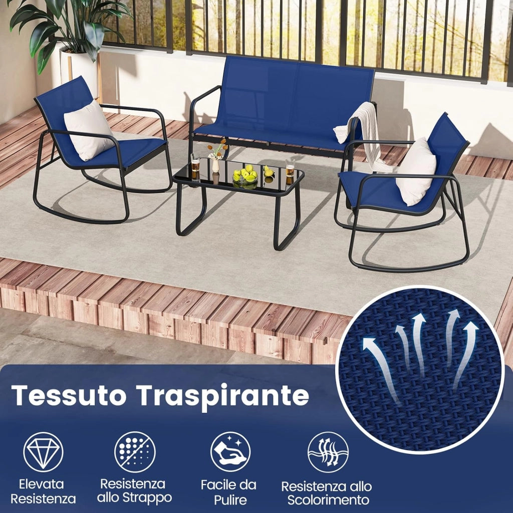 Set da Giardino 4 Pezzi in Tessuto Textilene, Set da Bistrò da Patio, Tavolo e Sedie con Tavolino in Vetro, 2 Sedie e Divanetto a Dondolo, per Giardino Coltile Terrazza (Blu)